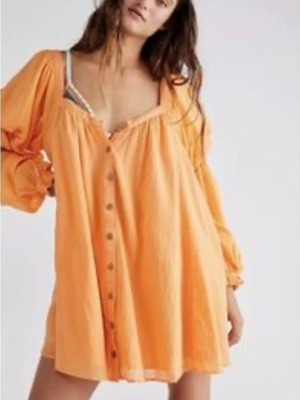 Free People - So Fresh Vibrant Orange Long Sleeve Button Down Mini Dress Size XS